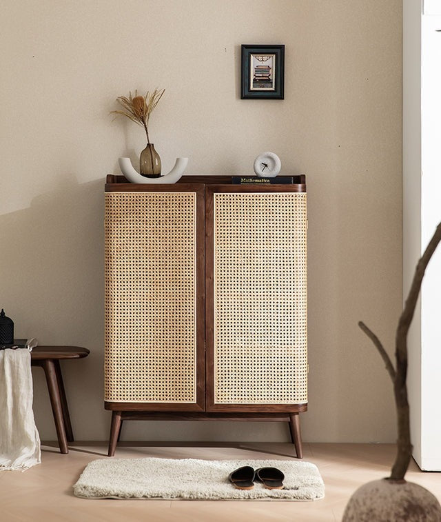 Shoe Rack Cane Door & Solid Wood Rattan cabinet