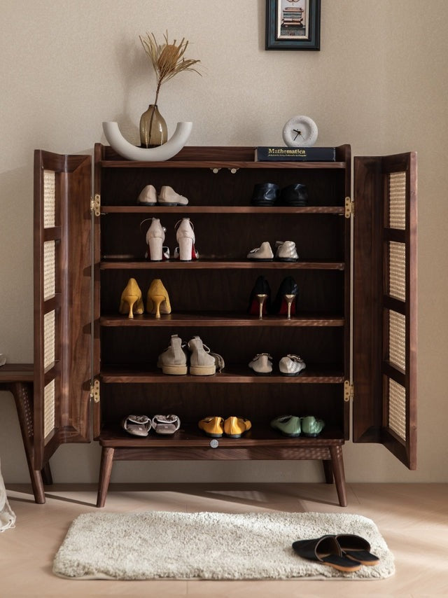 Shoe Rack Cane Door & Solid Wood Rattan cabinet