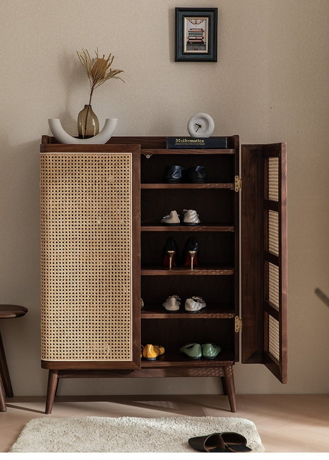 Shoe Rack Cane Door & Solid Wood Rattan cabinet