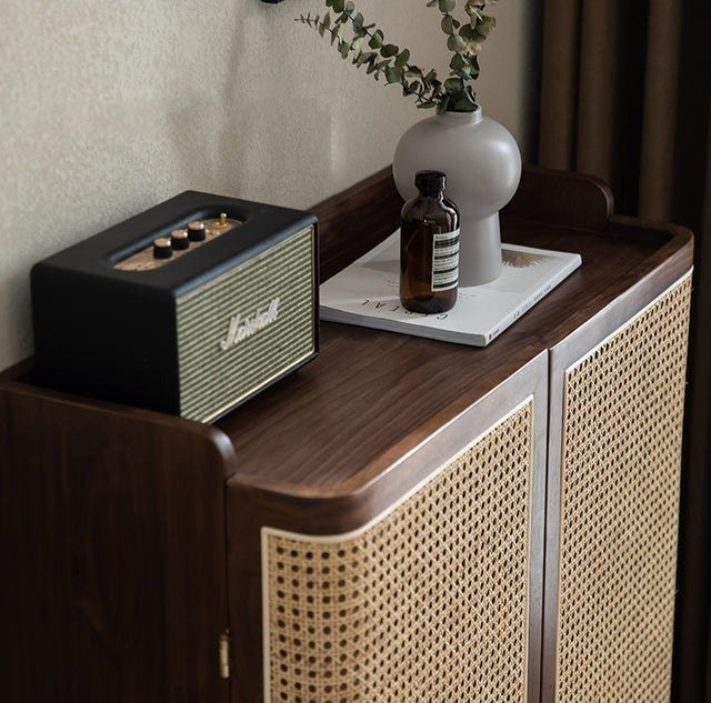 Shoe Rack Cane Door & Solid Wood Rattan cabinet