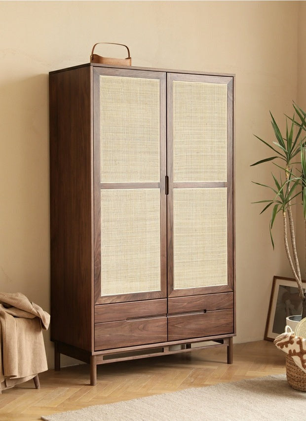 LFI Cane Door Wardrobe Almirah 4 Drawers Solid Wood