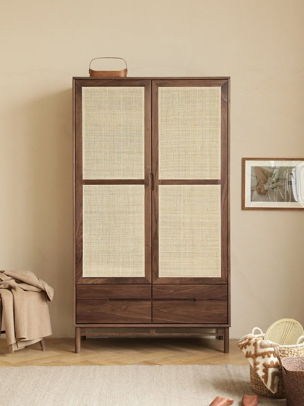 LFI Cane Door Wardrobe Almirah 4 Drawers Solid Wood