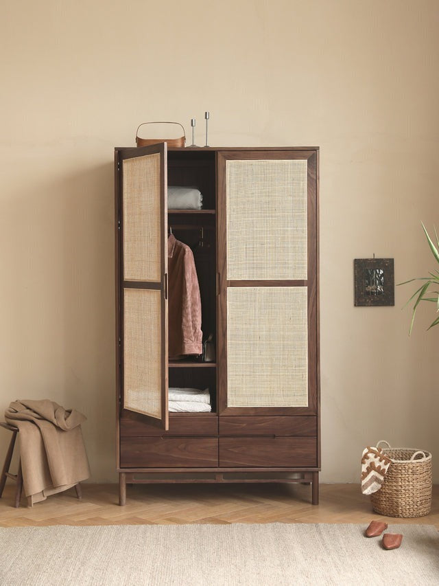LFI Cane Door Wardrobe Almirah 4 Drawers Solid Wood