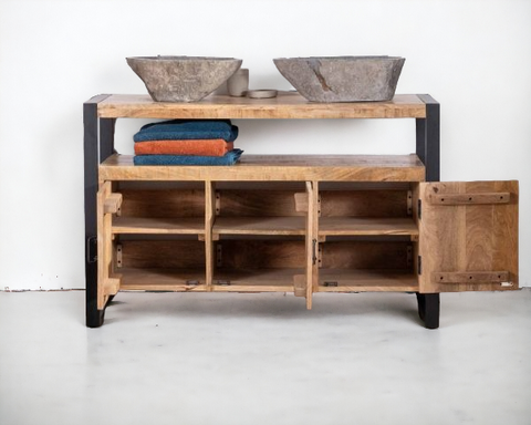 Sophisticated bathroom vanity unit in solid wood with elegant hardware.
