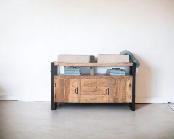 Wood bathroom vanity with rustic design, adding charm and elegance to any bathroom.
