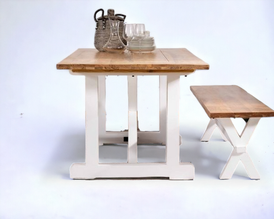 Solid wood dining table with a farmhouse-inspired design, perfect for rustic interiors.
