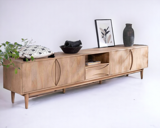 "Natural wood TV stand with eco-friendly materials, ideal for rustic or contemporary living spaces."
