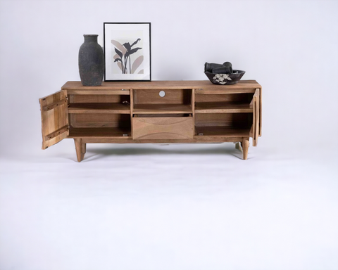 "Corner TV cabinet designed to optimize room space while offering elegant storage solutions."
