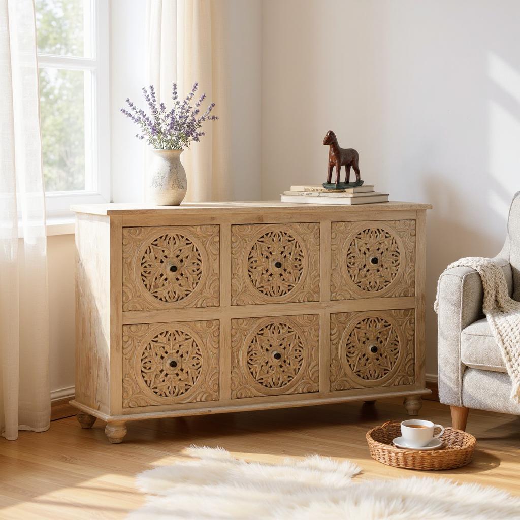 White Rustic Hand Carved Solid Wood Cabinet