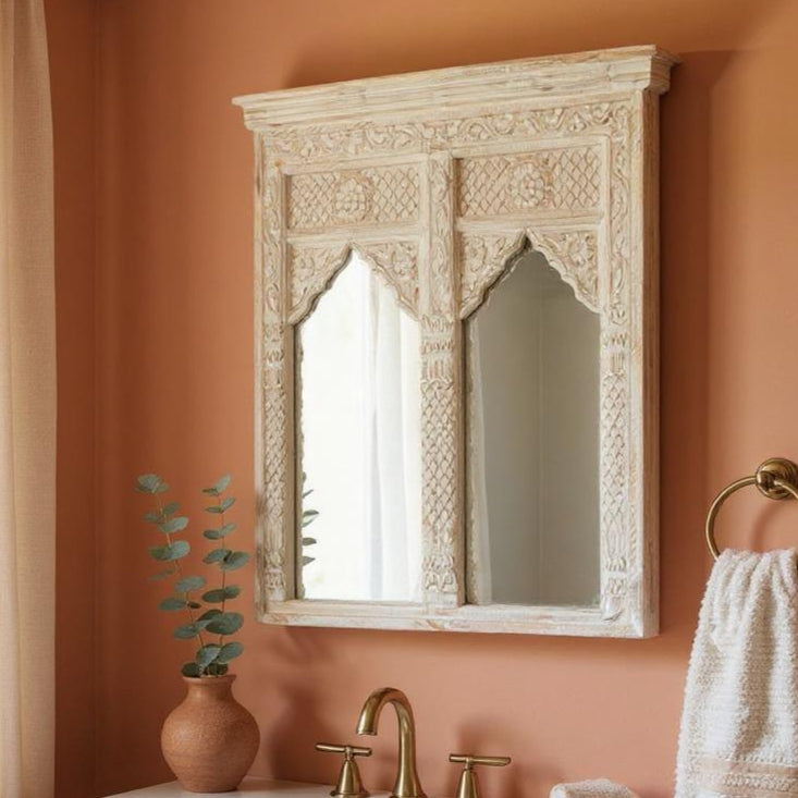 Decorative Wall Mirror - Ornate Mango Wood Frame with Distressed Finish
