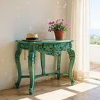Mint Green Rustic Hand carving Drawer Console Table