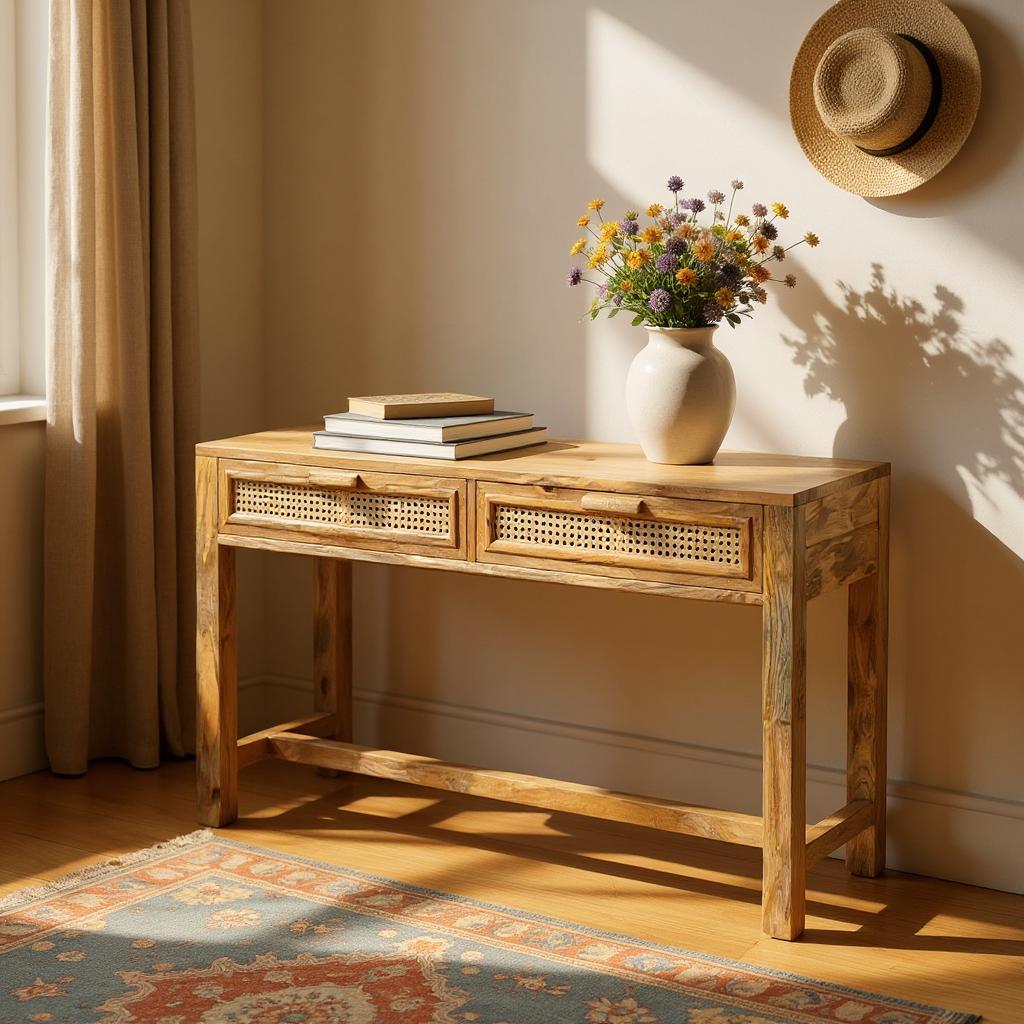 Natural Solid Wood Rattan Two Drawer Console Table