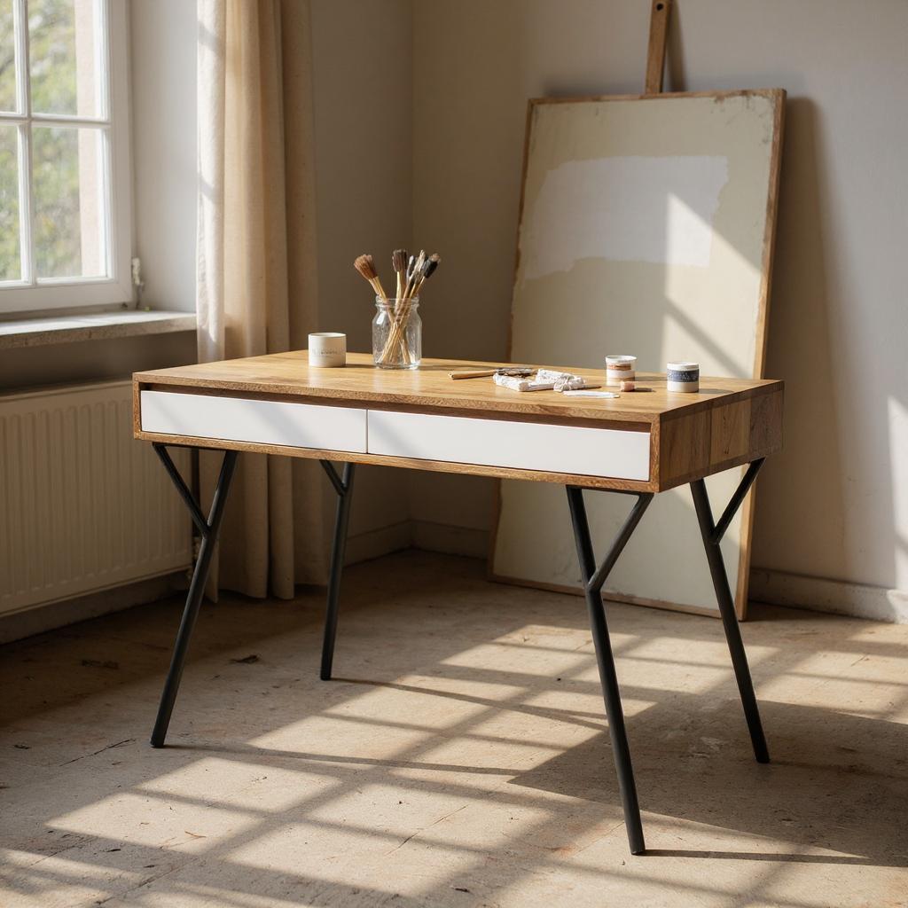 Two Drawer White & Natural Console Table