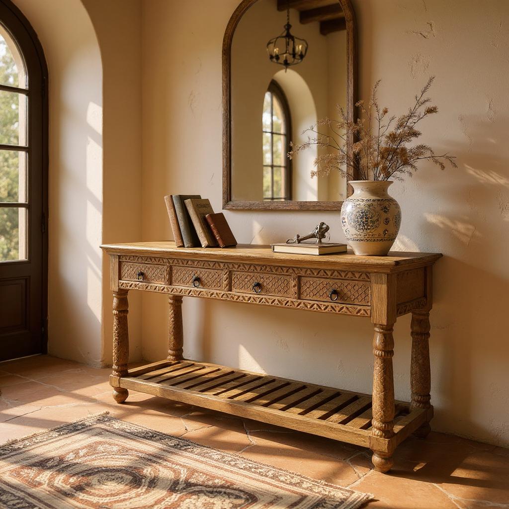 Wooden console table with decorative items in a sunlit room