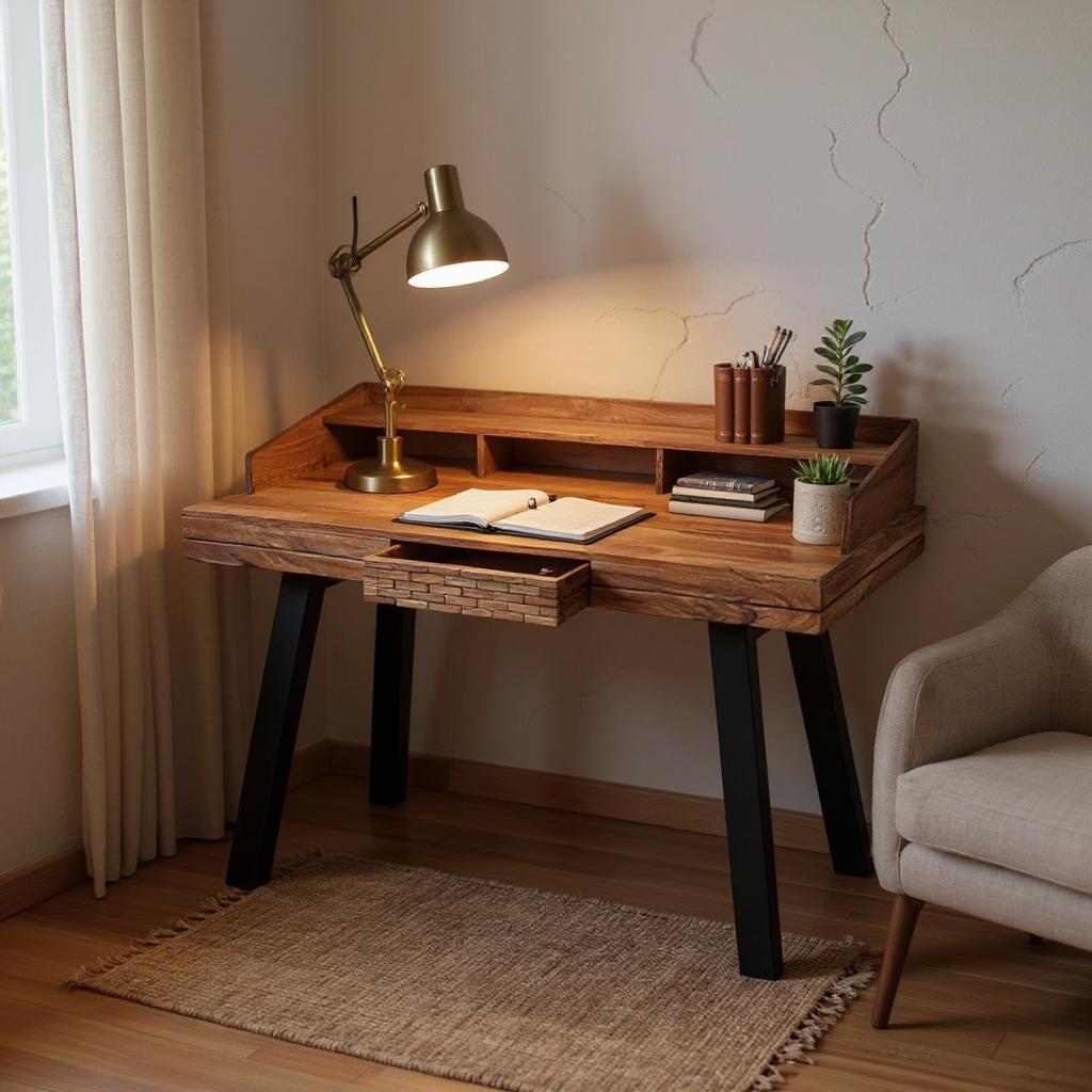 Maple Study table Solid Wood & Metal