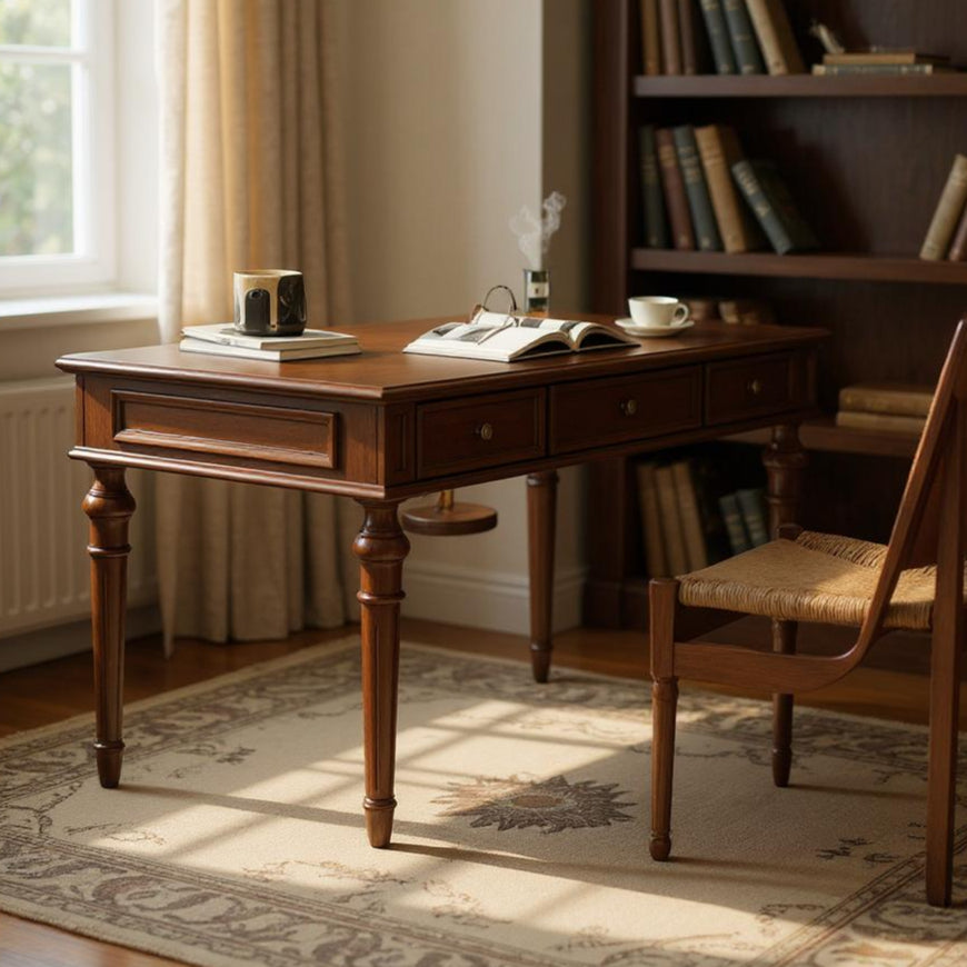 Wooden desk with books and a chair in a room with a bookshelf and window.