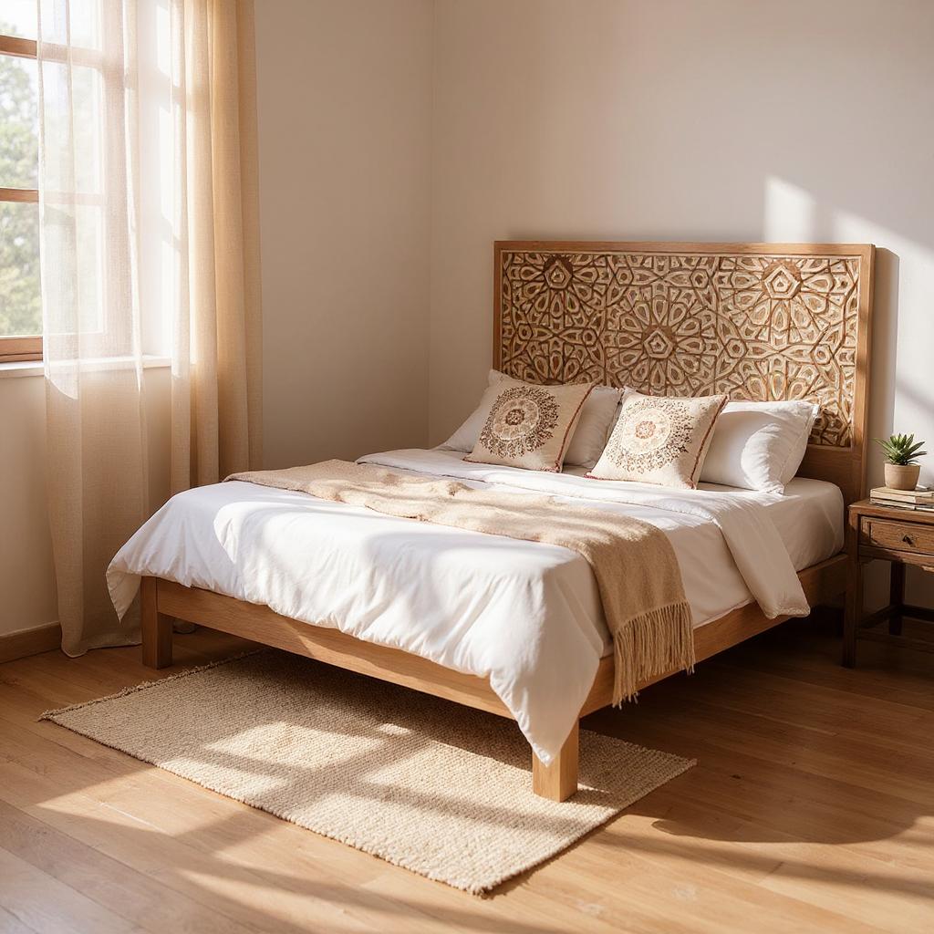 Aura Carved Bed | Handcrafted Mango Wood Bed with Intricate Headboard | King & Queen Sizes | Living Furn India