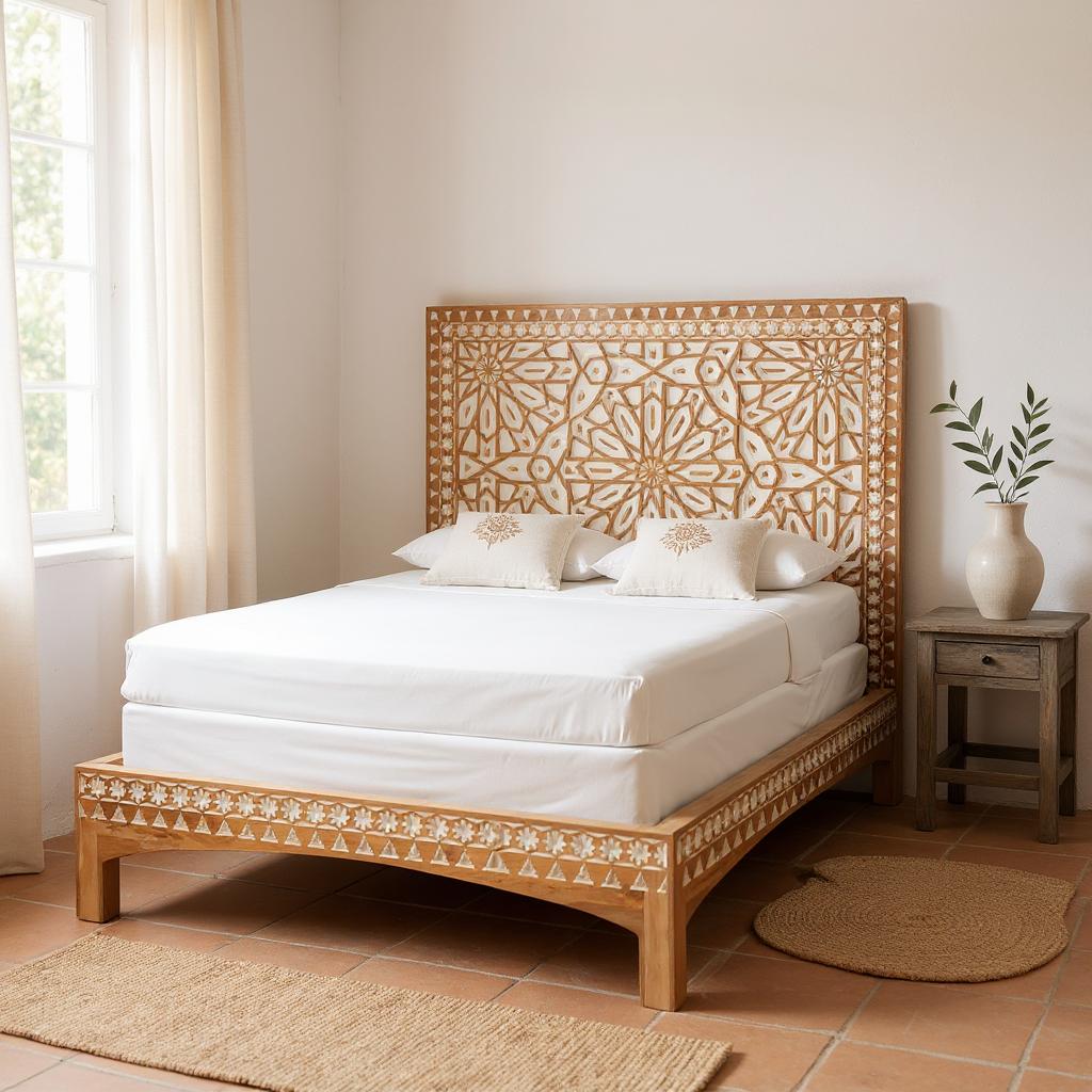 Marrakech Bed | Handcrafted Mango Wood Bed with Intricate Patterned Headboard | King & Queen Sizes | Living Furn India
