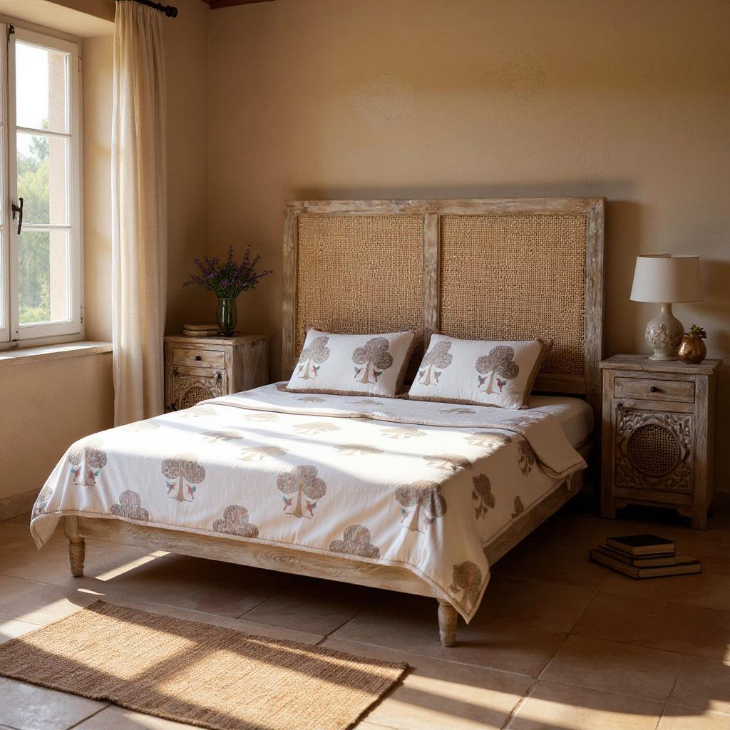 Riviera Cane Bed | Handcrafted Distressed Wood Bed with Dual Cane Headboard Panels | Living Furn India