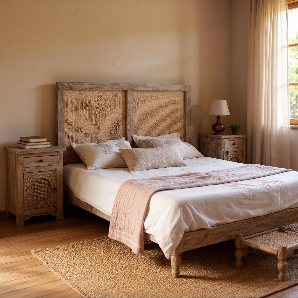 Riviera Cane Bed | Handcrafted Distressed Wood Bed with Dual Cane Headboard Panels | Living Furn India