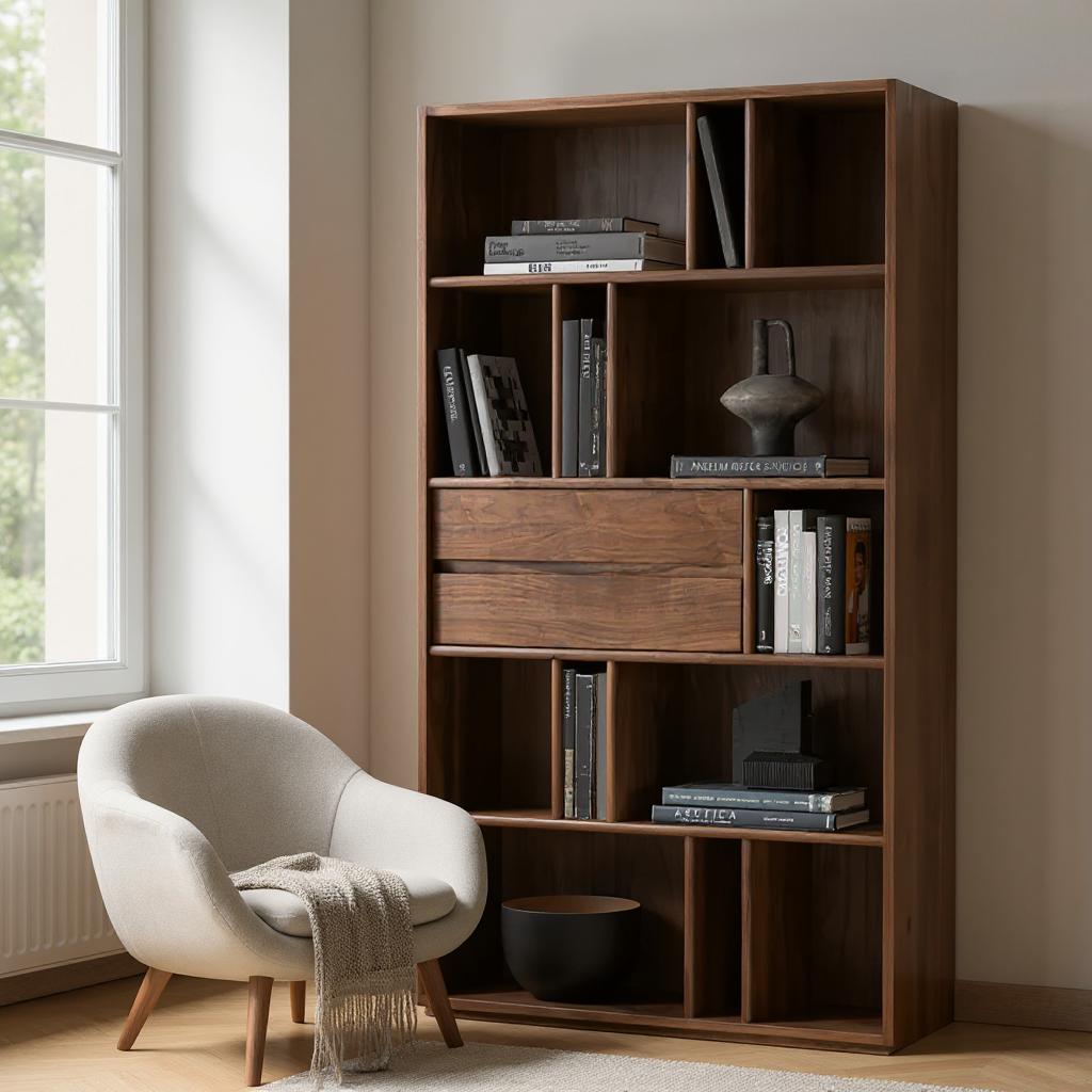 The Jodhpur Grandeur Bookcase | Handcrafted Solid Wood with Walnut Finish | 100x35x180cm