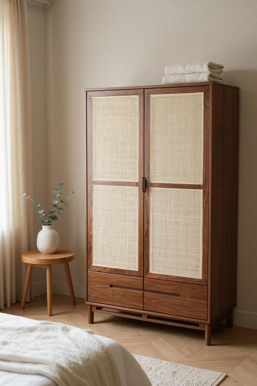 LFI Cane Door Wardrobe Almirah 4 Drawers Solid Wood