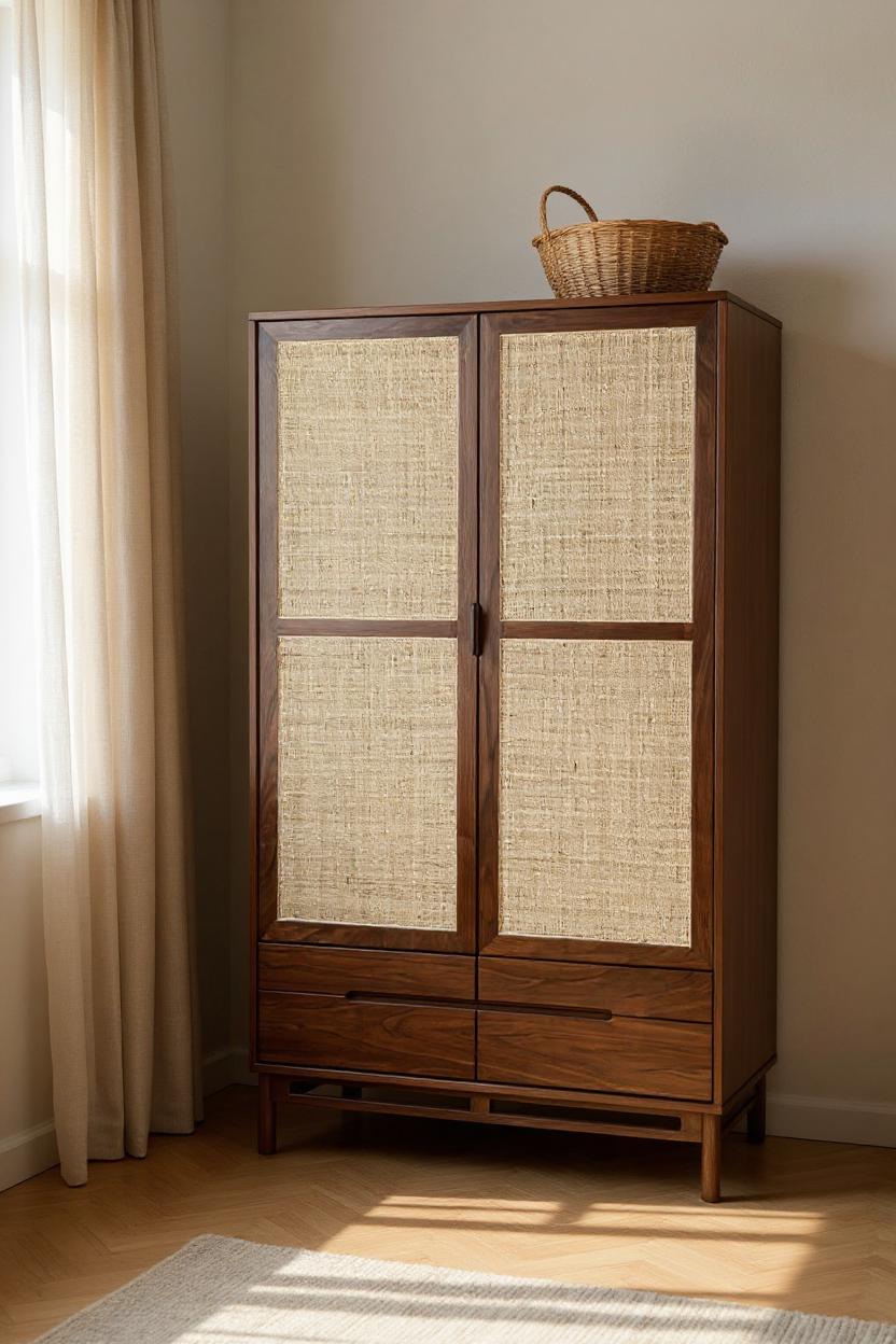 LFI Cane Door Wardrobe Almirah 4 Drawers Solid Wood