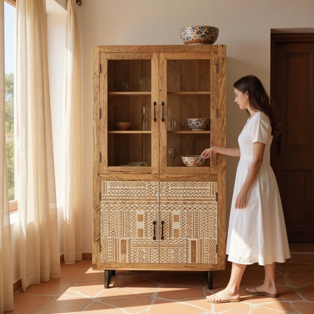 Natural Solid Wood White HandCarved Wardrobe