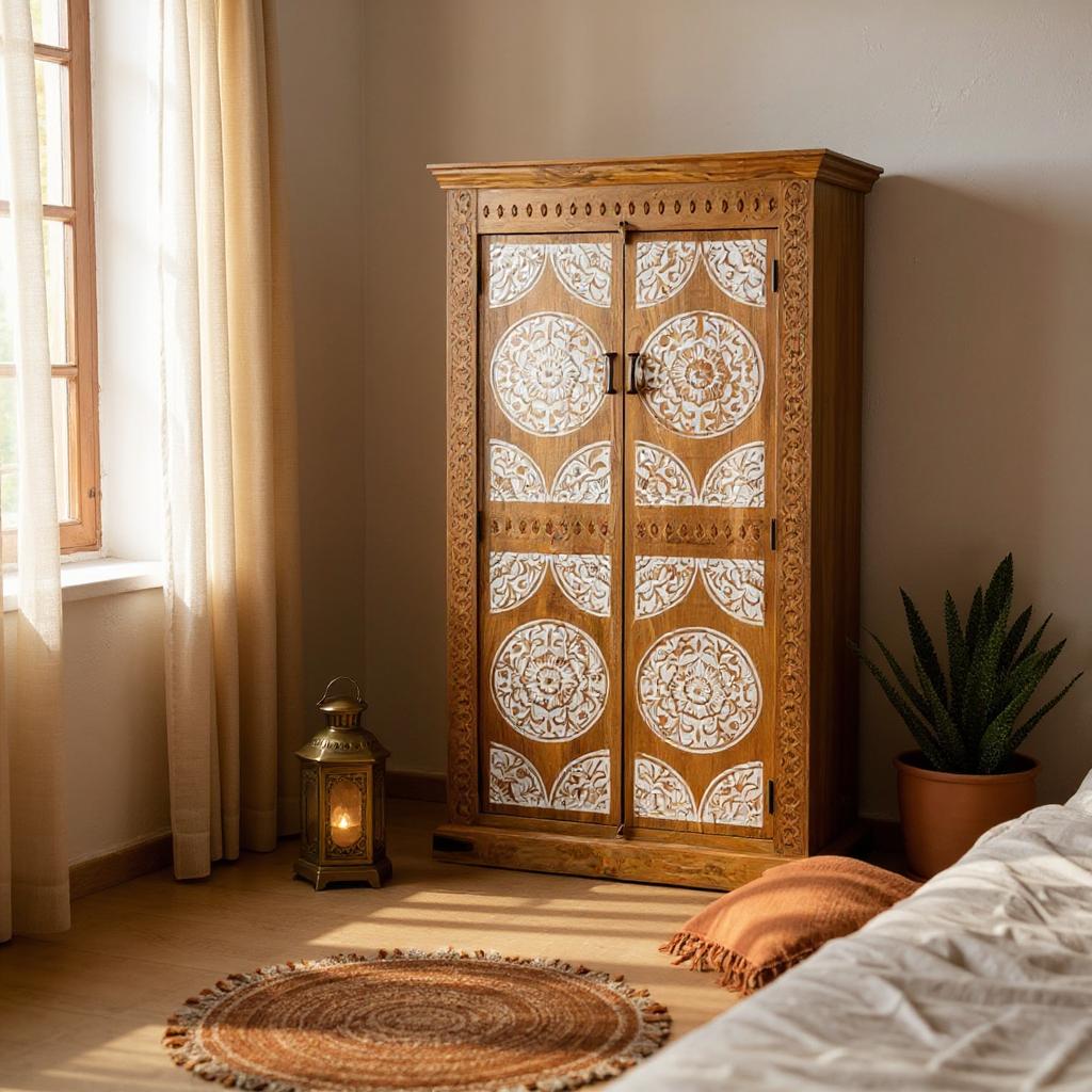 Decorative wooden cabinet with intricate carvings in a room with a window, lantern, and plant.