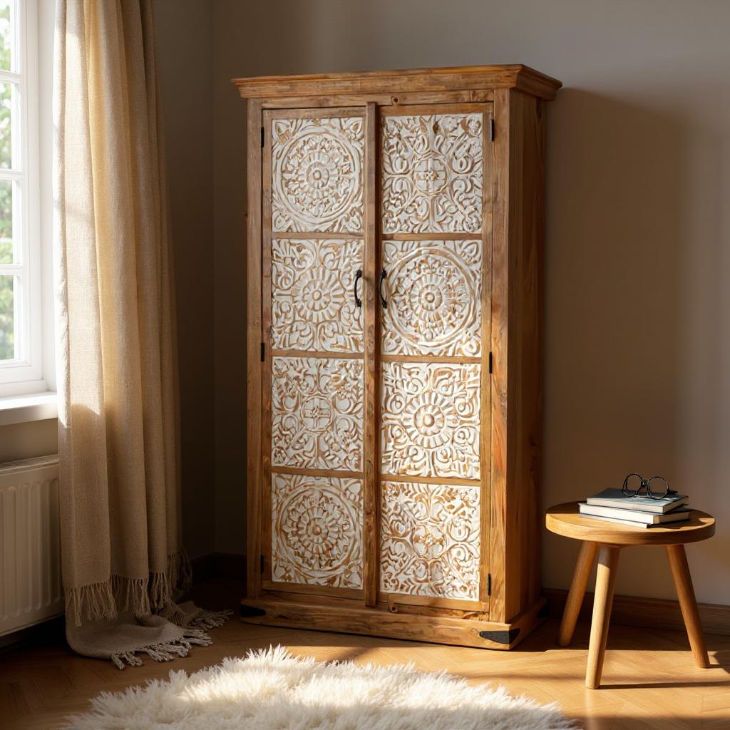 Natural & White Door Rustic Solid Wood Wardrobe