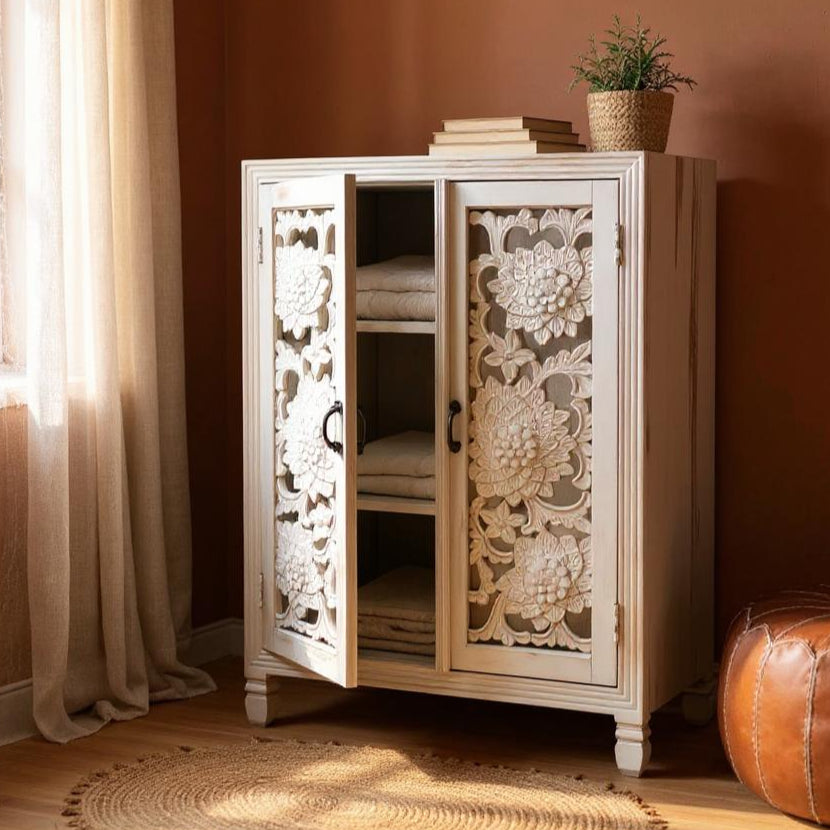 White Rustic Two Carving Door Cabinet Solid Wood - solid wooden cabinet