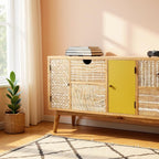 Natural Solid Wood Sideboard White Hand Carved