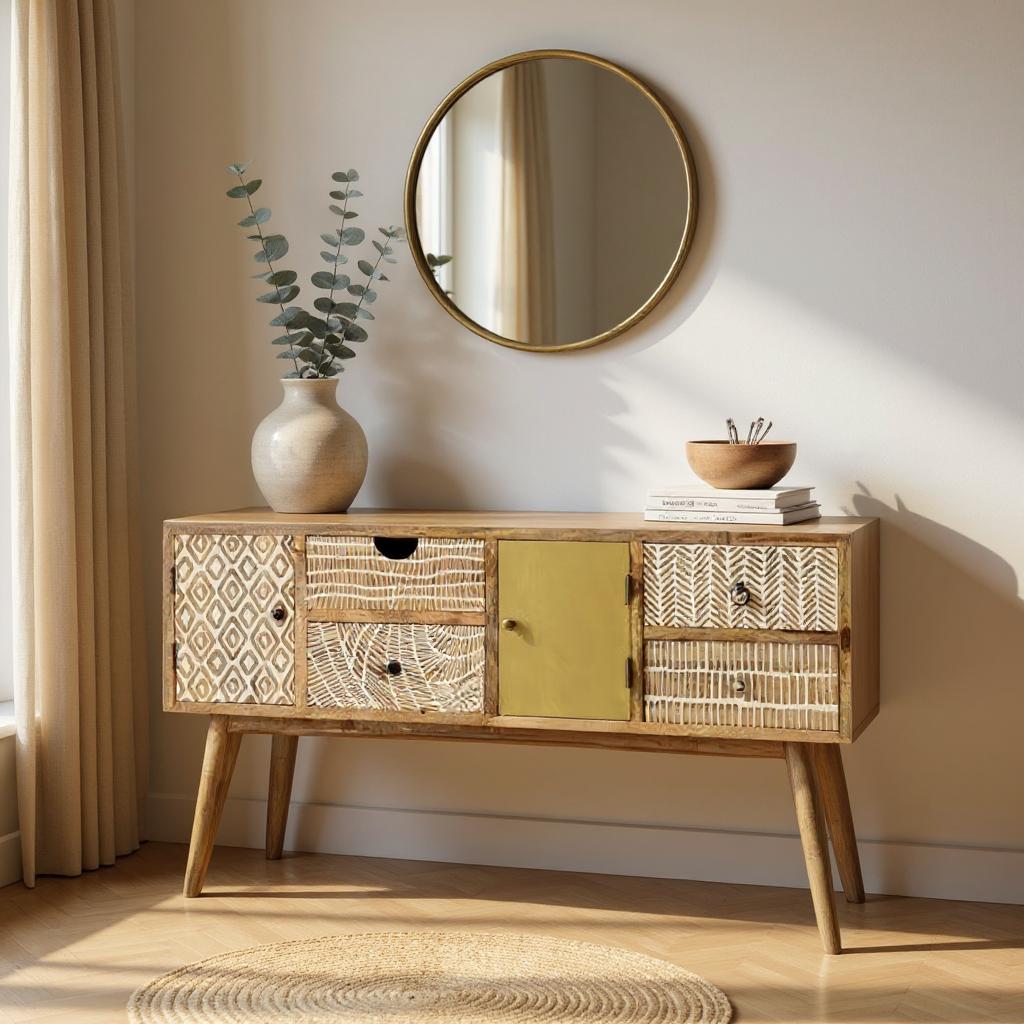 Natural Solid Wood White Hand Carved Side Board
