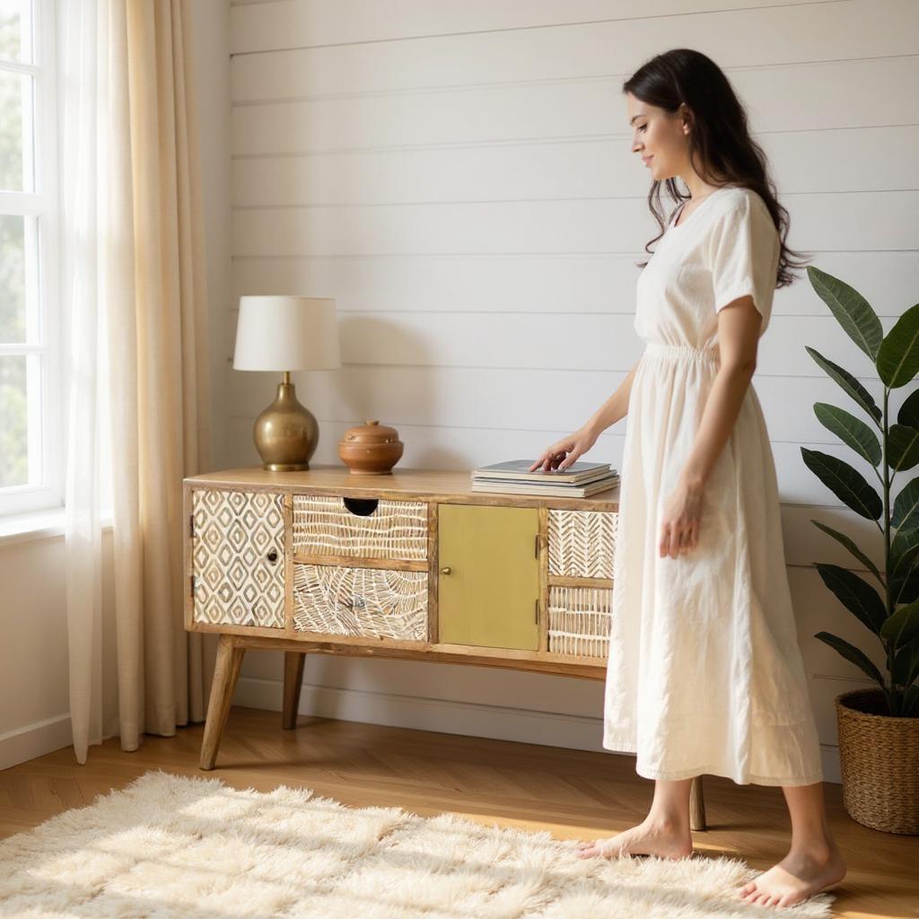 Natural Solid Wood White Hand Carved Side Board