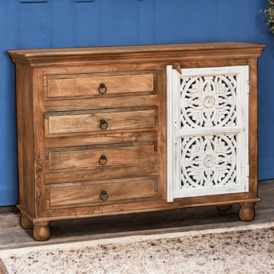 Natural With White Door Solid Wood Chest Of Drawer