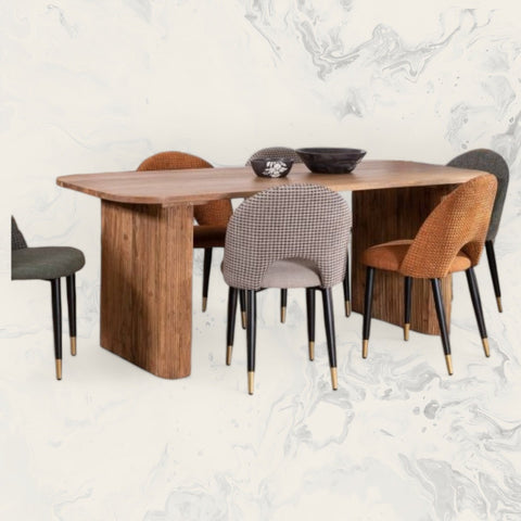 Chic kitchen table set for 4 with a round dining table and wood dining chairs in a contemporary kitchen