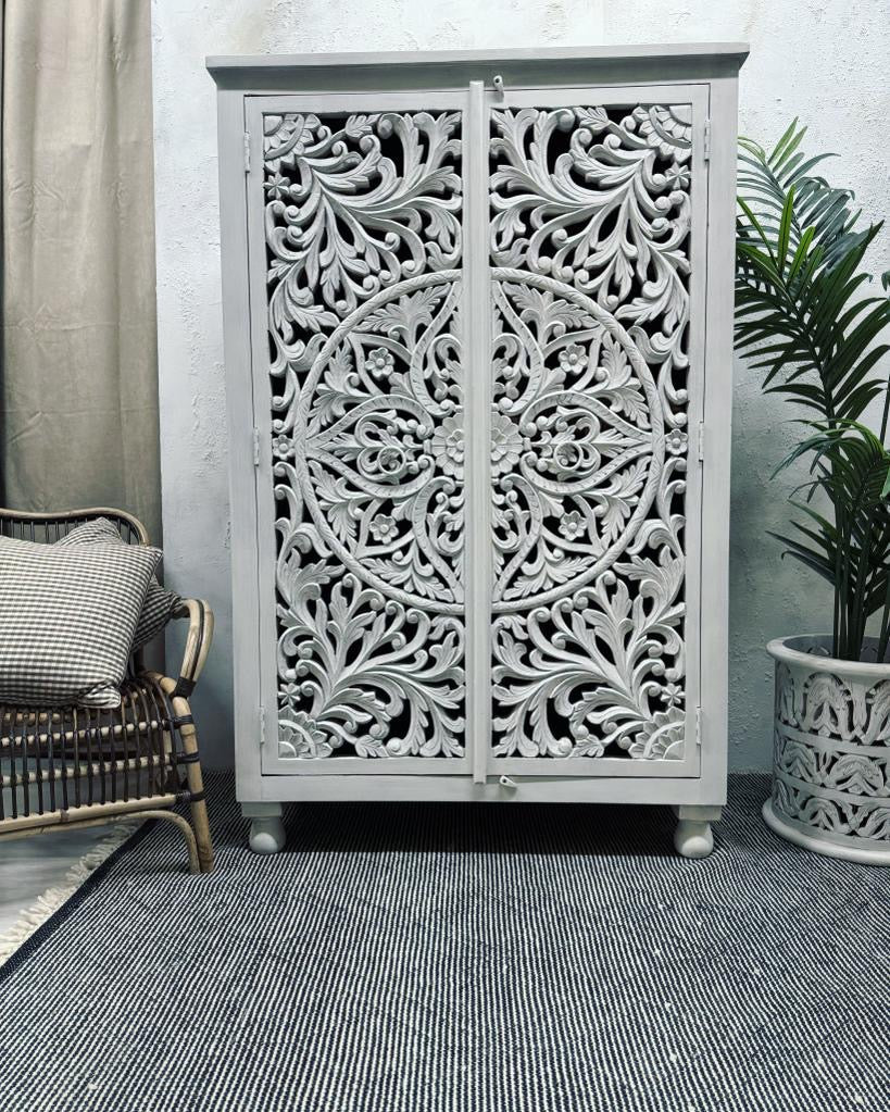 Hand-Carved Mango Wood Wardrobe – Whitewashed Finish with Floral Detailing