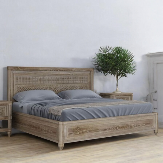 Grey Rustic Hand Carving Solid Wood Bed