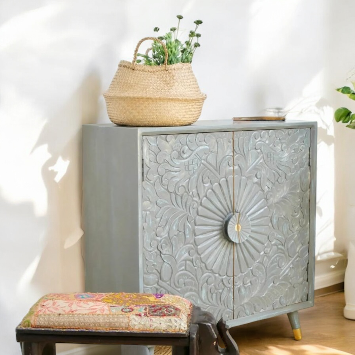 Storage small cabinet with multiple shelves for organization.
