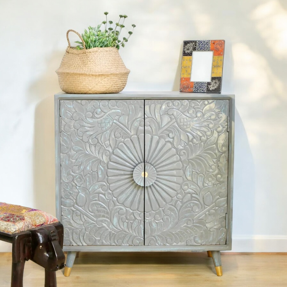 Gray Hand Carving Two Door Cabinet