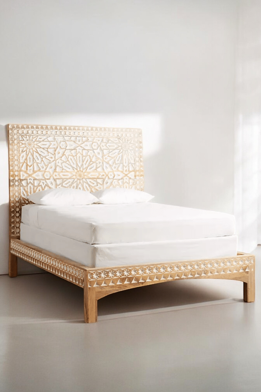 Marrakech Bed | Handcrafted Mango Wood Bed with Intricate Patterned Headboard | King & Queen Sizes | Living Furn India