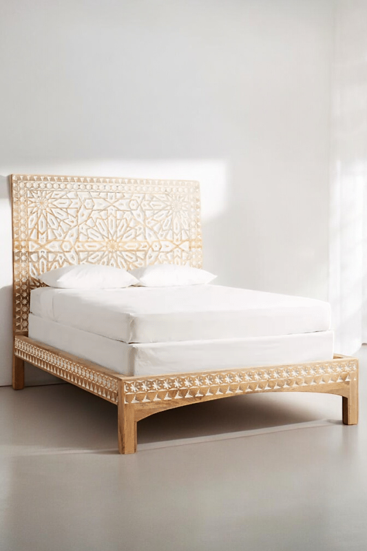 Exquisite White Hand-Carved Headboard Bed in Solid Wood Construction