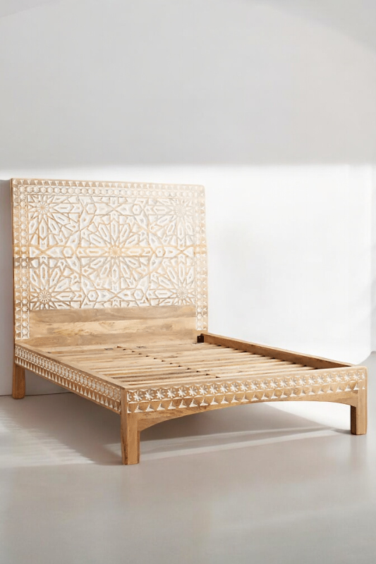 Marrakech Bed | Handcrafted Mango Wood Bed with Intricate Patterned Headboard | King & Queen Sizes | Living Furn India