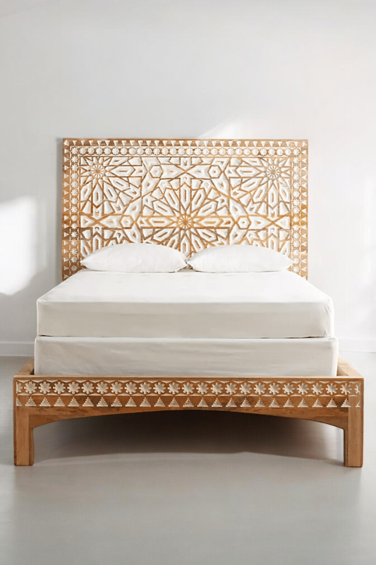 Marrakech Bed | Handcrafted Mango Wood Bed with Intricate Patterned Headboard | King & Queen Sizes | Living Furn India