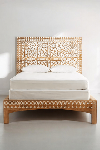 Exquisite White Hand-Carved Headboard Bed in Solid Wood Construction