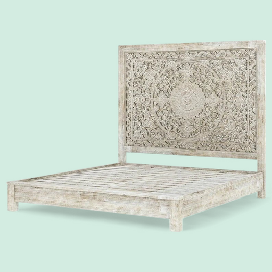 Elegant Gray Finish Bed with Hand-Carved Solid Wood Headboard