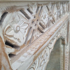 hand carved mirror, solid wood mirror, rustic white mirror, distressed white mirror, horizontal mirror, wall mirror, mehrab arch mirror, arched mirror, jali lattice mirror, entryway mirror, console mirror, living room mirror, bedroom mirror, decorative mirror, indian furniture, handmade mirror, artisan made mirror, premium wood mirror, quality mirror, durable mirror, sturdy mirror, timeless mirror, elegant mirror, statement mirror, ornate mirror, unique mirror, sculptural mirror, focal piece mirror, handcra
