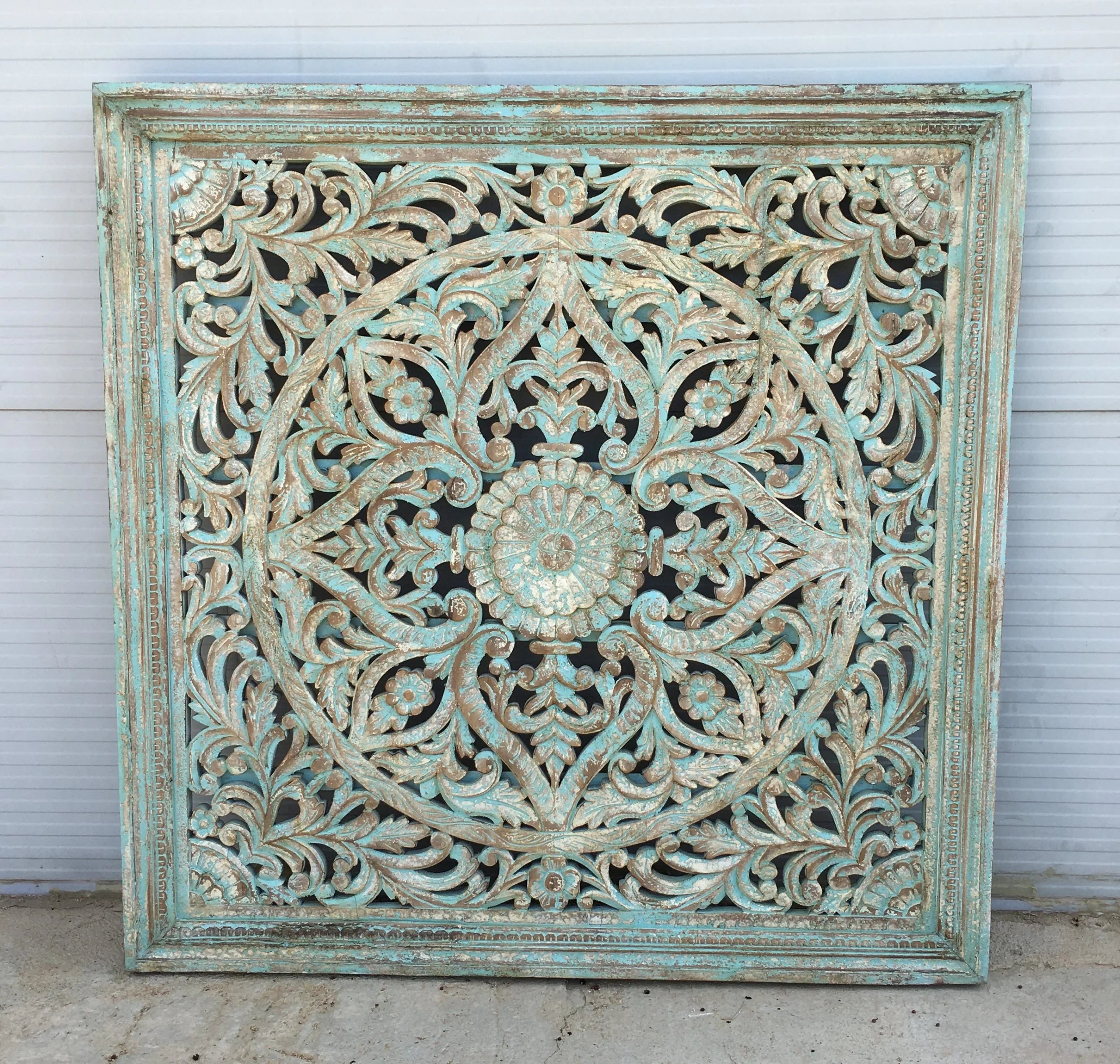 hand carved wall panel, mango wood wall art, distressed green panel, turquoise wall panel, floral carved panel, openwork wall hanging, lotus medallion panel, peacock wall art, indian furniture, living room wall art, bedroom wall decor, entryway wall panel, decorative wall panel, handmade wall art, artisan made panel, premium wood art, quality wood decor, durable wall panel, timeless wall art, elegant panel, statement wall decor, decorative panel, unique wall art, sculptural panel, focal piece art, handcraft