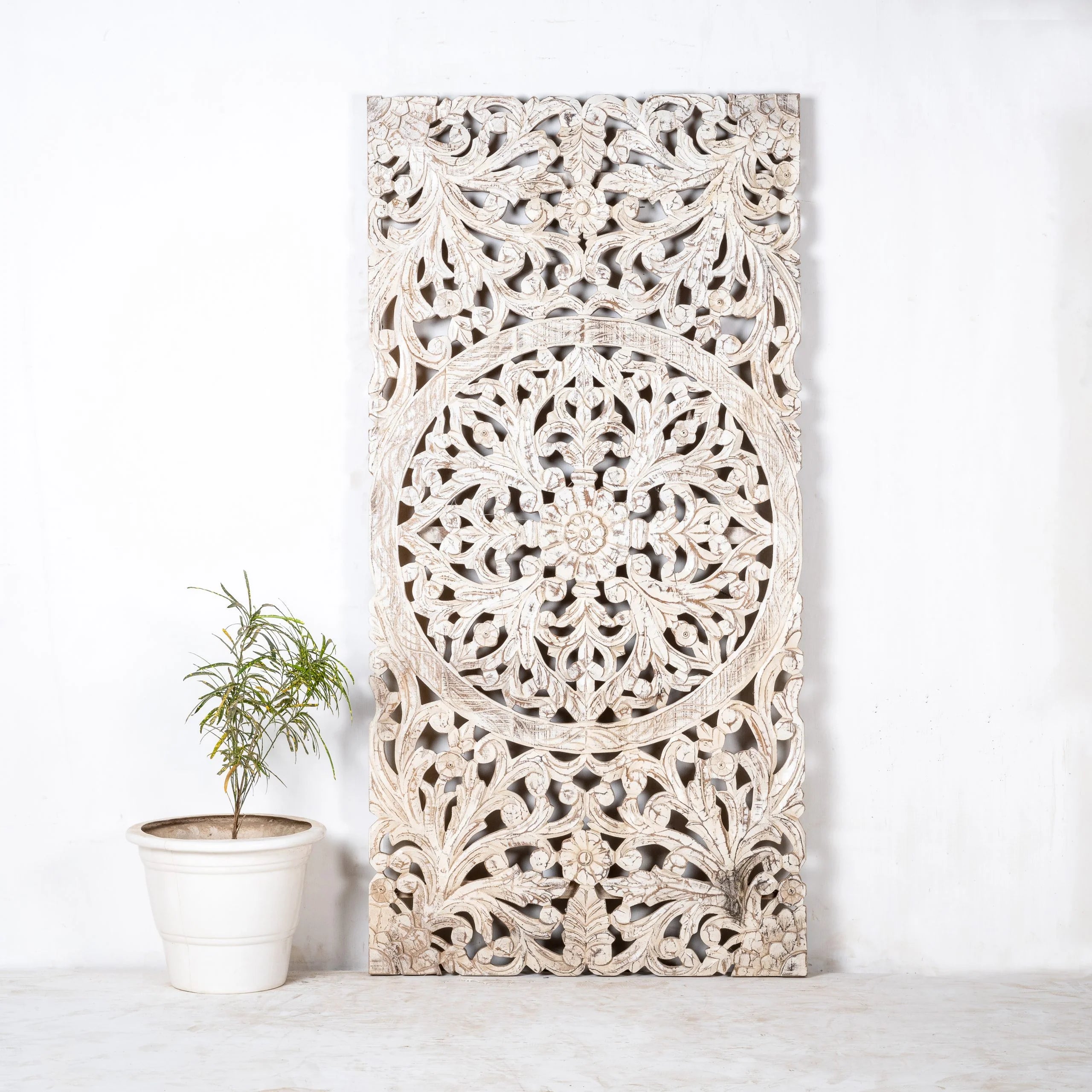 hand carved wall panel, solid wood wall art, whitewashed panel, vertical wall panel, tall wall panel, rectangular wall art, mandala wall panel, acanthus wall art, openwork wall hanging, lotus medallion panel, indian furniture, entryway wall art, narrow wall panel, doorway wall decor, decorative wall panel, handmade wall art, artisan made panel, premium wood art, quality wood decor, durable wall panel, solid wood panel, sturdy wall art, timeless wall art, elegant panel, statement wall decor, decorative panel