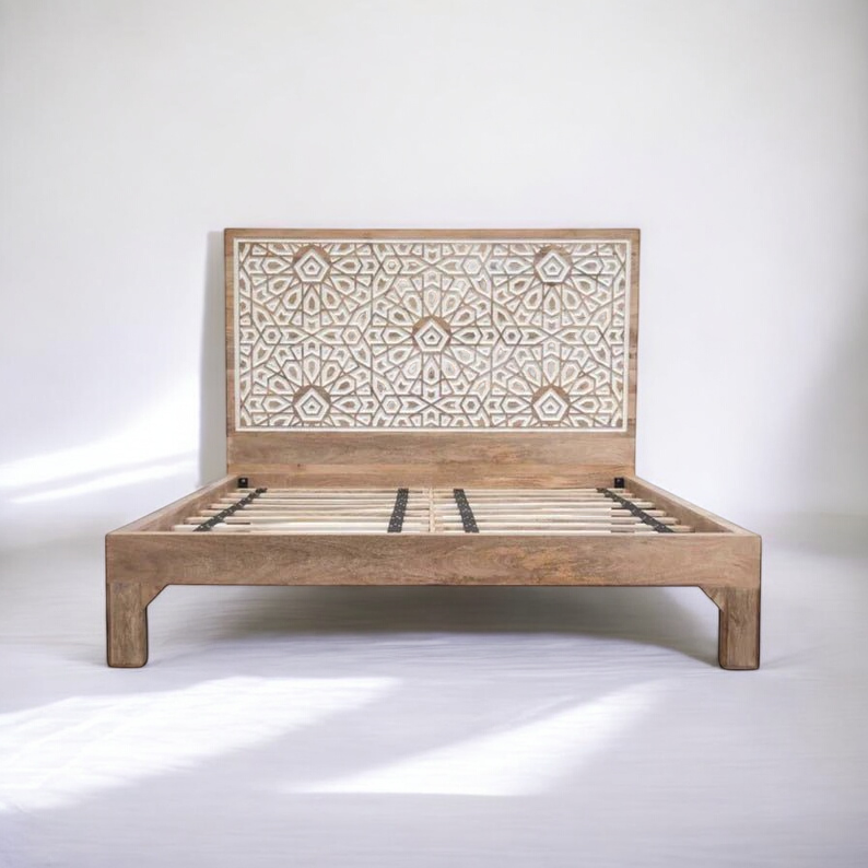 Aura Carved Bed | Handcrafted Mango Wood Bed with Intricate Headboard | King & Queen Sizes | Living Furn India